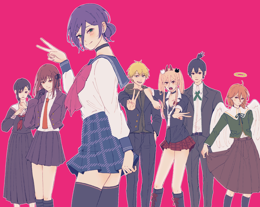 +_+, 3boys, 4girls, alternate_hairstyle, androgynous, angel_devil_(chainsaw_man), angel_wings, arm_behind_back, arm_on_another's_shoulder, asymmetrical_hair, bad_id, bad_pixiv_id, bear_hair_ornament, belt, black_belt, black_choker, black_eyes, black_footwear, black_gloves, black_hair, black_jacket, black_necktie, black_pants, black_skirt, black_socks, black_suit, blonde_hair, blue_ribbon, blue_skirt, blush, boots, bow, breasts, brown_eyes, brown_hair, brown_skirt, chainsaw_man, choker, closed_mouth, collared_shirt, commentary, cosplay, cowboy_shot, cross-laced_footwear, cross-shaped_pupils, crossover, danganronpa:_trigger_happy_havoc, danganronpa_(series), demon_horns, denji_(chainsaw_man), dress_shirt, enoshima_junko, enoshima_junko_(cosplay), expressionless, feathered_wings, formal_clothes, fujisaki_chihiro, fujisaki_chihiro_(cosplay), fukawa_toko, fukawa_toko_(cosplay), gloves, green_eyes, green_jacket, green_ribbon, green_shirt, hair_between_eyes, hair_bun, hair_ornament, hair_ribbon, hairclip, halo, hand_in_pocket, hayakawa_aki, higashiyama_kobeni, highres, holding_own_skirt, hood, hooded_jacket, horns, jacket, kirigiri_kyoko, kirigiri_kyoko_(cosplay), knee_boots, kneehighs, kotochi_re, large_bow, long_hair, long_skirt, long_sleeves, looking_at_viewer, loose_necktie, maizono_sayaka, maizono_sayaka_(cosplay), makima_(chainsaw_man), medium_breasts, medium_hair, miniskirt, mole, mole_under_eye, mole_under_mouth, multiple_boys, multiple_girls, naegi_makoto, naegi_makoto_(cosplay), neck_ribbon, necktie, open_clothes, open_jacket, open_mouth, outline, pant_suit, pants, pink_background, plaid_clothes, plaid_skirt, pleated_skirt, ponytail, power_(chainsaw_man), purple_hair, purple_jacket, purple_skirt, red_bow, red_hair, red_neckwear, red_skirt, reze_(chainsaw_man), ribbon, ringed_eyes, sailor_collar, school_uniform, serafuku, sharp_teeth, shirt, shirt_tucked_in, short_hair, short_ponytail, sidelocks, simple_background, single_hair_bun, skirt, small_breasts, smile, socks, suit, sweatdrop, symbol-shaped_pupils, teeth, thighhighs, thighs, togami_byakuya, togami_byakuya_(cosplay), topknot, trap, twintails, two-tone_neckwear, v, white_neckwear, white_shirt, wing_collar, wings, yellow_eyes, zettai_ryouiki