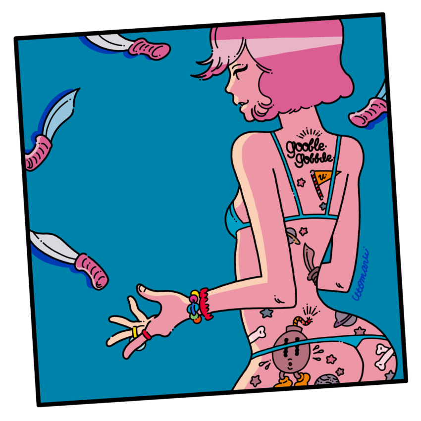 1girl, aqua_bra, aqua_panties, bone, bra, bracelet, highres, illustration.media