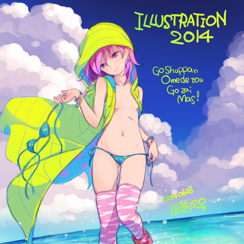 1girl, 2014, aqua_bikini, bikini, unworn_bikini_top, blue_sky, bracelet, breasts, cloud, cloudy_sky, dated, feet_out_of_frame, highres, hood, hood_up, horizon, illustration.media, jacket, jewelry, kokudou_juunigou, long_hair, navel, original, outdoors, pink_eyes, pink_hair, pink_thighhighs, shadow, sky, small_breasts, solo, swimsuit, thighhighs, yellow_jacket