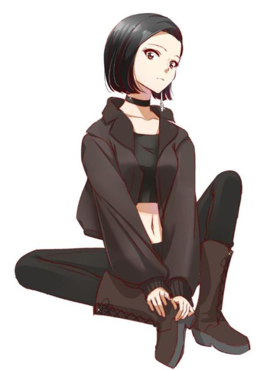 1girl, black_cardigan, black_choker, black_hair, black_pants, boots, brown_boots, brown_eyes, cardigan, choker, closed_mouth, code_lyoko, collarbone, crop_top, full_body, ishiyama_yumi, long_sleeves, looking_at_viewer, midriff, morihaw, navel, open_cardigan, open_clothes, pants, short_hair, simple_background, sitting, sleeves_past_wrists, solo, stomach, white_background
