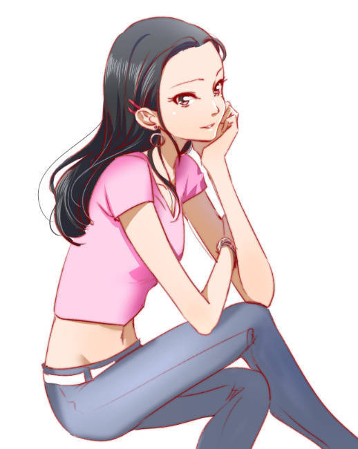 1girl, black_hair, blue_pants, bracelet, brown_eyes, closed_mouth, code_lyoko, collarbone