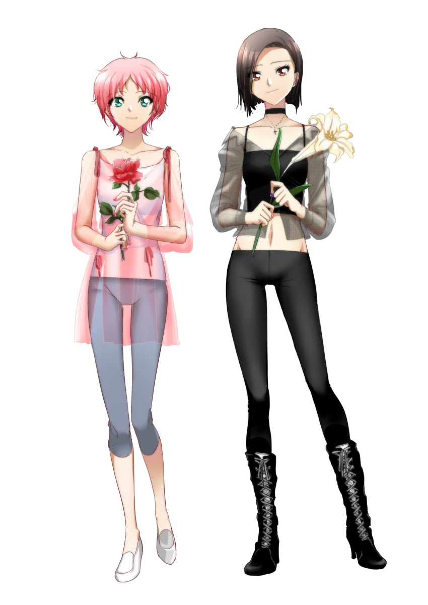 2girls, aelita, aqua_eyes, black_choker, black_footwear, black_hair, black_pants, boots