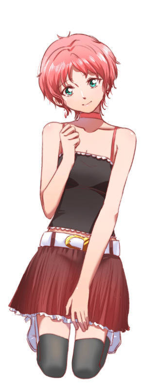 1girl, aelita, aqua_eyes, belt, belt_buckle, black_shirt, black_thighhighs, breasts