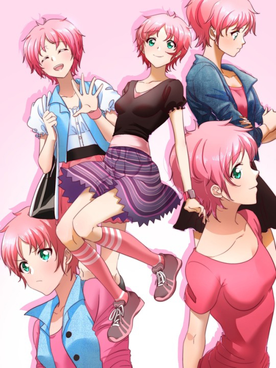 1girl, :d, aelita, bag, black_shirt, blue_jacket, bracelet, breasts, closed_eyes, closed_mouth, code_lyoko, collarbone, crossed_arms, dress_shirt, facing_viewer, green_eyes, grey_footwear, handbag, jacket, jewelry, kneehighs, looking_at_viewer, miniskirt, morihaw, open_clothes, open_jacket, open_mouth, pink_hair, pink_shirt, pink_skirt, pink_socks, profile, purple_skirt, shirt, short_hair, skirt, small_breasts, smile, socks, striped_clothes, striped_skirt, v-shaped_eyebrows, wristband