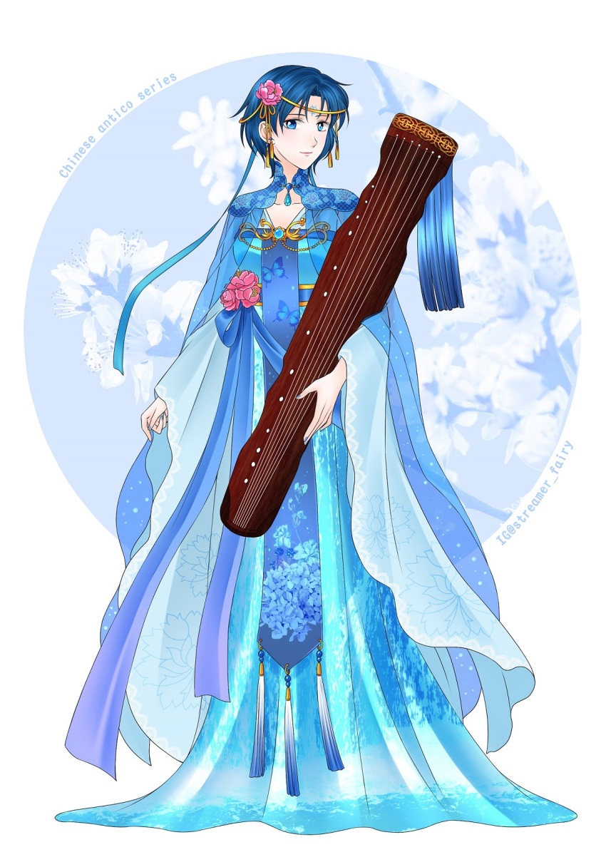 1girl, bishoujo_senshi_sailor_moon, blue_dress, blue_eyes, blue_hair, blue_ribbon, chinese_clothes, closed_mouth, collarbone, dress, english_text, flower, full_body, gem, hair_flower, hair_ornament, hair_ribbon, highres, holding, holding_instrument, instrument, koya, long_dress, long_sleeves, looking_at_viewer, mizuno_ami, pink_flower, ribbon, short_hair, smile, solo, standing, white_background, wide_sleeves, zither