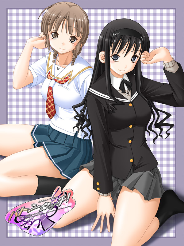 2girls, amagami, black_hair, blue_eyes, braid, brown_eyes, brown_hair, hairband