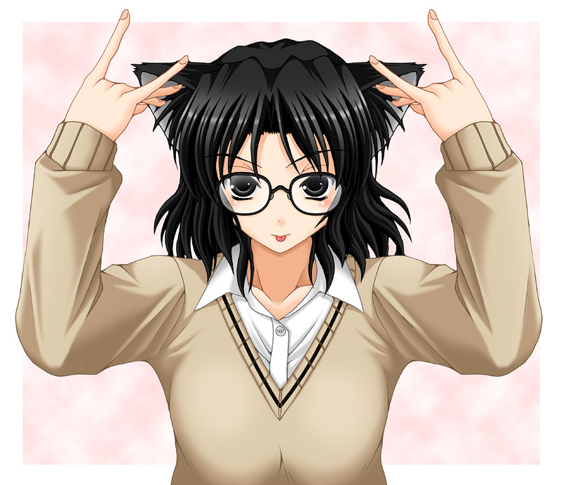 :p, \n/, amagami, animal_ears, black_eyes, black_hair, cat_ears, cat_girl