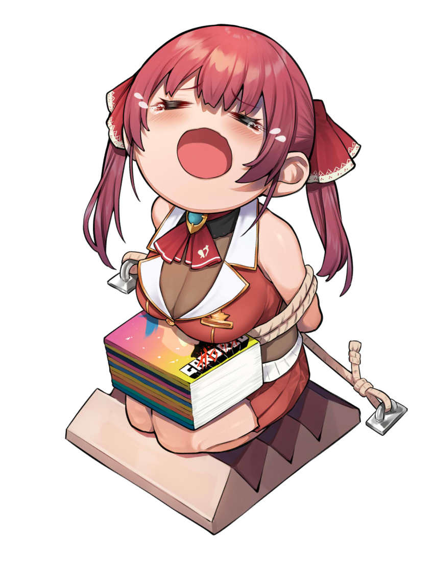 1girl, bound, cleavage, hair_ribbon, highres, hololive, houshou_marine, houshou_marine_(1st_costume), ishidaki, leotard, leotard_under_clothes, long_hair, manga_(object), mikan_(chipstar182), open_mouth, red_hair, ribbon, see-through_clothes, see-through_cleavage, see-through_leotard, seiza, simple_background, sitting, sleeveless, solo, tears, torture, twintails, virtual_youtuber, white_background