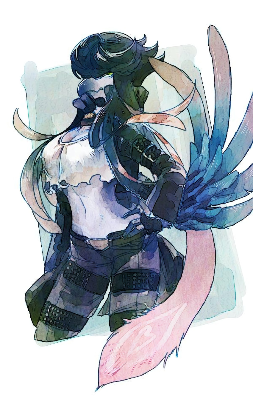 1girl, beak, belt, bird, bird_wings, black_hair, breasts, feathers, gloves, highres, jacket, kalk, leather, leather_gloves, leather_jacket, leather_pants, pants, sagitta_maverick_fur_hire, torn_clothes, wings, yu-gi-oh!