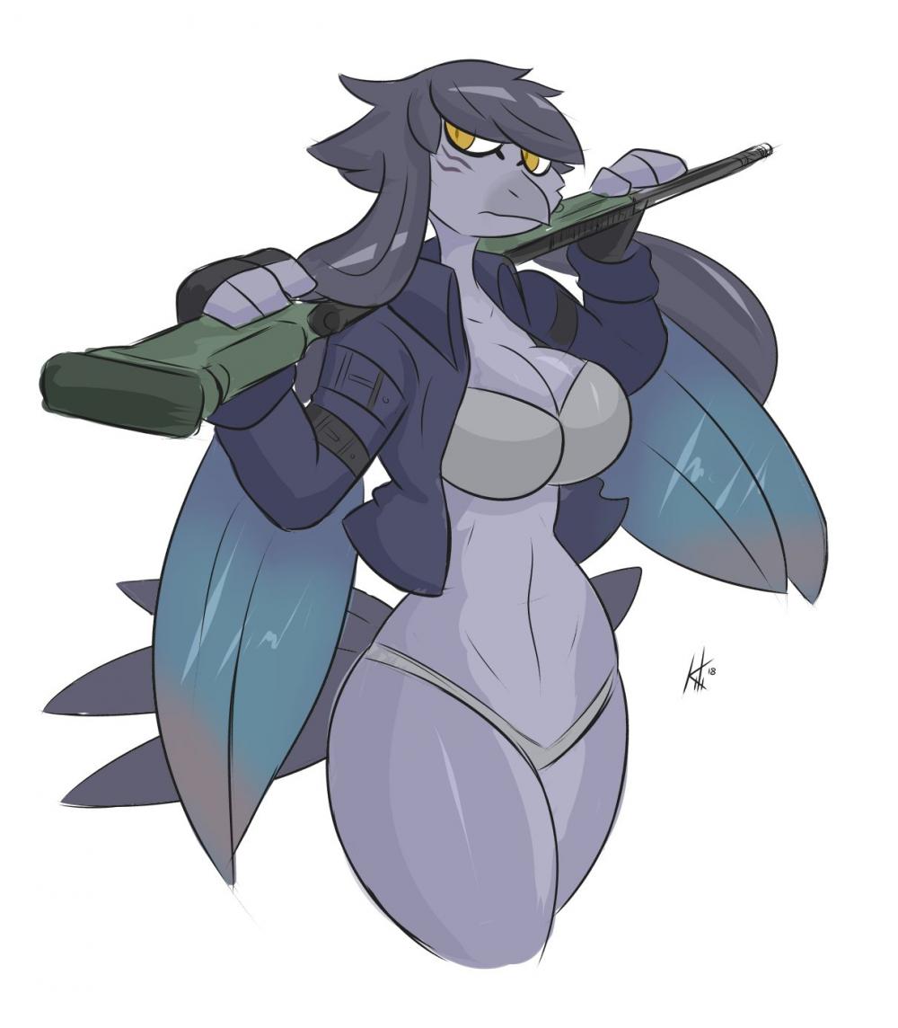 1girl, beak, bird, bird_wings, black_hair, bra, breasts, cleavage, curvy, feathers, furry, gun, jacket, kilinah, large_breasts, leather, leather_jacket, long_hair, looking_to_the_side, midriff, navel, panties, rifle, sagitta_maverick_fur_hire, source_request, standing, underwear, weapon, wide_hips, wings, yellow_eyes, yu-gi-oh!