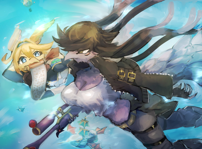 1girl, aircraft, airship, beak, bird, bird_wings, black_hair, blue_eyes, breasts, cleavage, feathers, filo_messenger_fur_hire, gloves, gun, highres, jacket, leather, leather_gloves, leather_jacket, leather_pants, pants, rifle, sagitta_maverick_fur_hire, scroll, shirt, sniper_rifle, weapon, wings, yellow_eyes, yu-gi-oh!