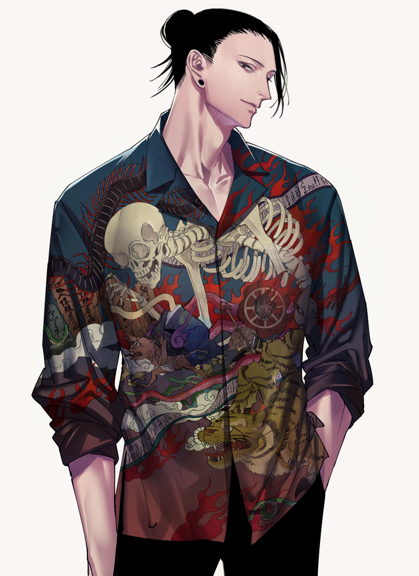 1boy, black_hair, black_pants, bug, centipede, collared_shirt, cowboy_shot, earrings, flame_print, geto_suguru, grey_eyes, hair_bun, hand_in_pocket, highres, jewelry, jujutsu_kaisen, kappa, long_sleeves, looking_at_viewer, male_focus, pants, print_shirt, scroll, shirt, single_hair_bun, skeleton, skeleton_print, sleeves_rolled_up, snake, solo, standing, stud_earrings, tenobe, tentacles, tsuchigumo, tsurime, wanyuudou_(mythology), traditional_youkai