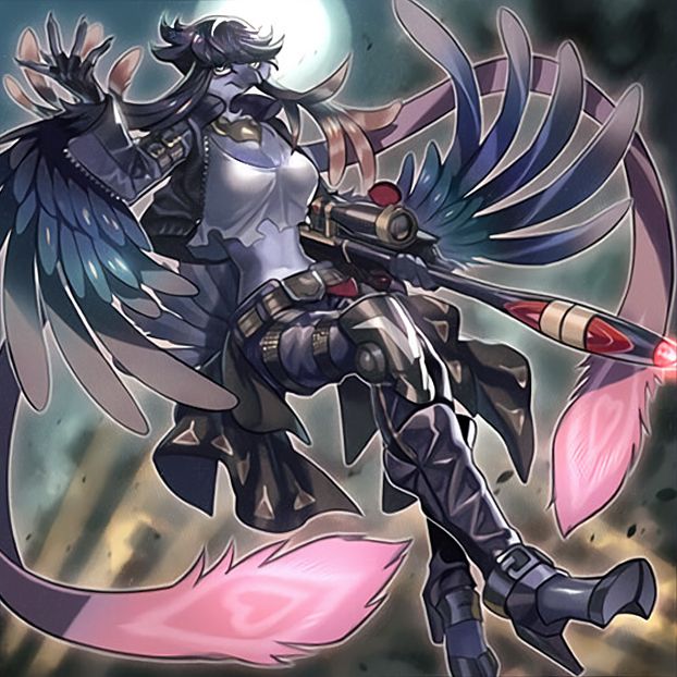 1girl, beak, belt, bird, bird_wings, black_hair, breasts, cleavage