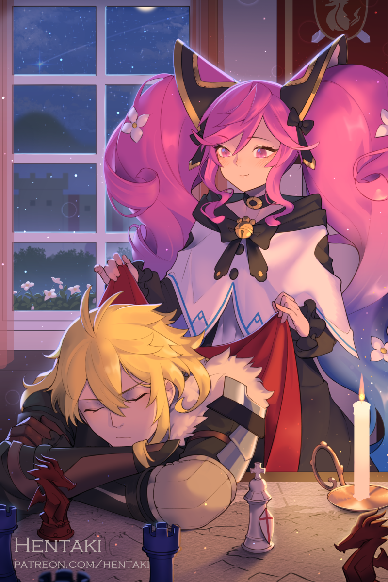 1boy, 1girl, alberius_(dragalia_lost), artist_name, black_dress, blonde_hair, blue_hair, brown_gloves, candle, capelet, cleo_(dragalia_lost), closed_eyes, closed_mouth, commentary, covering_with_blanket, crossed_arms, curtains, dragalia_lost, dress, english_commentary, fire, fur_trim, gloves, gradient_hair, hair_between_eyes, hentaki, highres, indoors, long_hair, long_sleeves, multicolored_hair, pink_hair, sidelocks, smile, transparent, twintails, very_long_hair, watermark, web_address, white_capelet, window