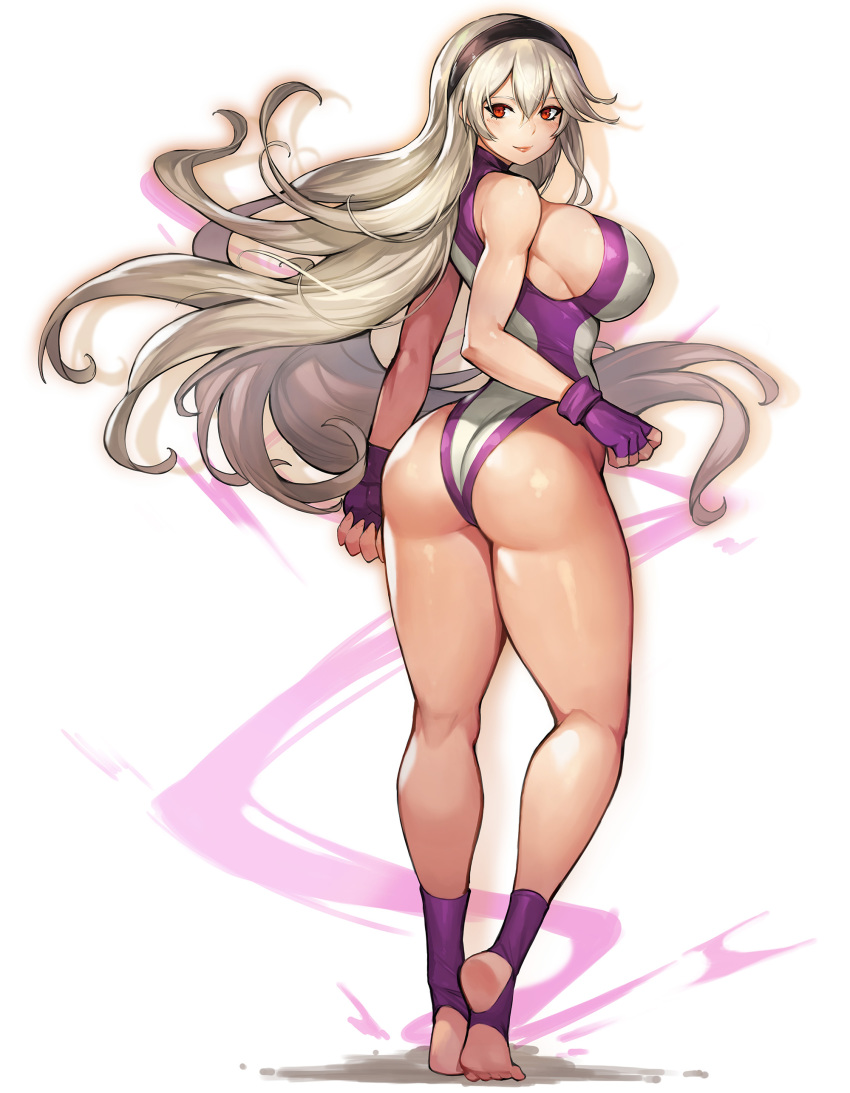 1girl, absurdres, ass, bare_shoulders, blush, breasts, closed_mouth, commentary, commission, female_corrin_(fire_emblem), cosplay, fingernails, fire_emblem, fire_emblem_fates, full_body, gloves, gurimjang, hairband, highleg, highleg_leotard, highres, large_breasts, leotard, lips, looking_at_viewer, looking_back, marvel, multicolored_leotard, nintendo, pixiv_commission, red_eyes, she-hulk, she-hulk_(cosplay), shiny_clothes, shiny_skin, sideboob, silver_hair, smile, solo, standing, stirrup_legwear, super_smash_bros., thighs, toeless_legwear, turtleneck, two-tone_leotard, white_background