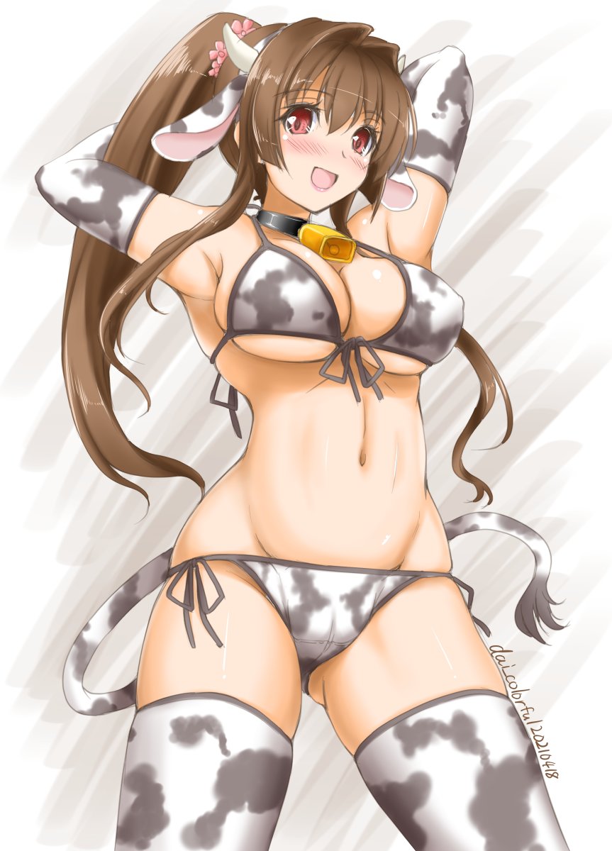1girl, akimoto_dai, animal_ears, arms_behind_head, artist_name, bikini, brown_hair, cherry_blossoms