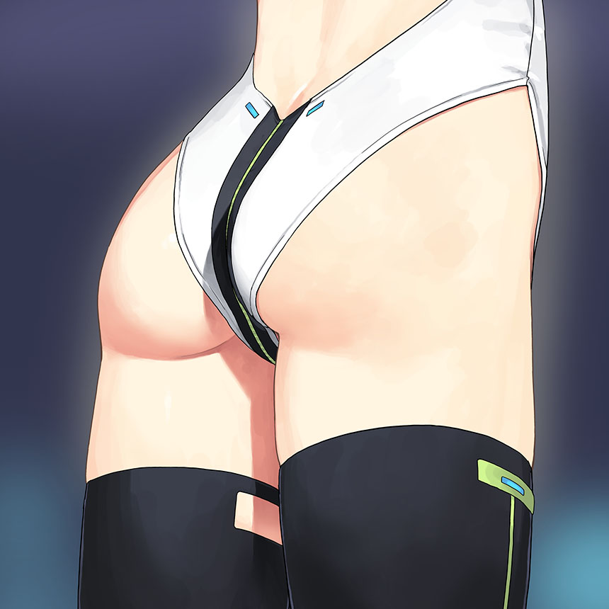 1girl, alice_gear_aegis, ass, ass_focus, black_thighhighs, close-up, commentary_request, from_behind, gradient_background, highleg, highleg_leotard, jiji_(aardvark), leotard, lower_body, miyaminami_hikari, skindentation, solo, standing, thigh_strap, thighhighs, thighs