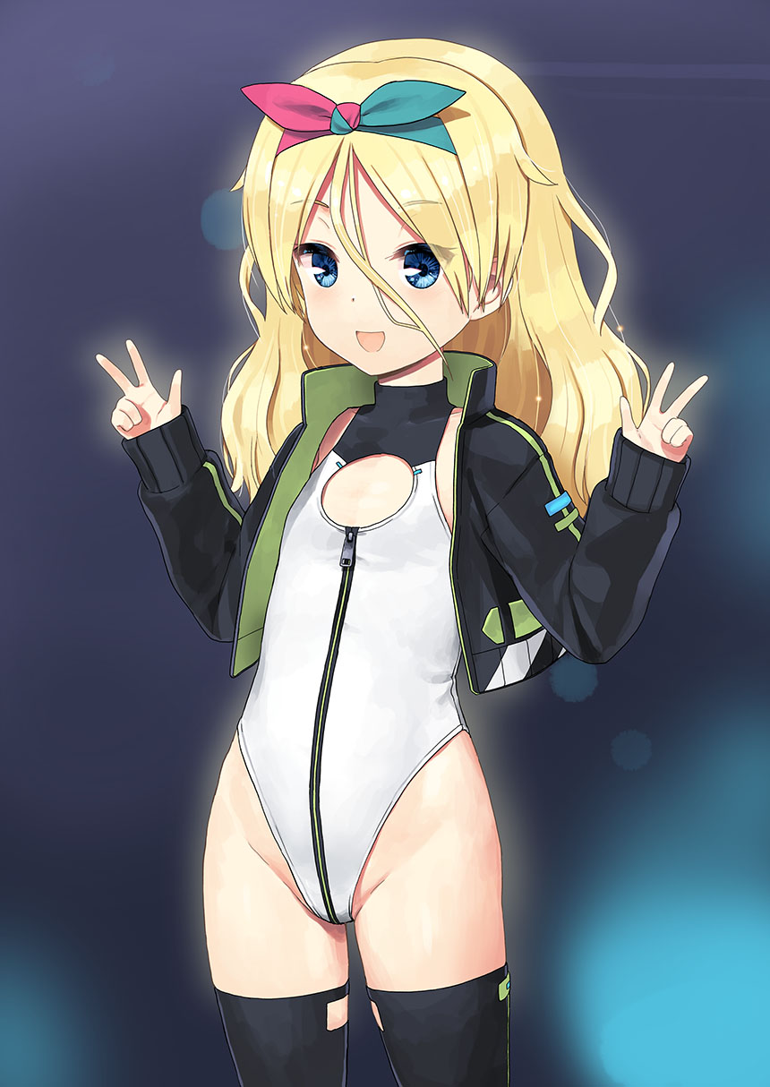 1girl, alice_gear_aegis, black_jacket, black_thighhighs, blonde_hair, blue_eyes, blush, braid, breasts, center_opening, commentary_request, cropped_jacket, double_v, flat_chest, groin, hair_between_eyes, hairband, heattech_leotard, highleg, highleg_leotard, highres, jacket, jiji_(aardvark), leotard, long_hair, long_hair_between_eyes, long_sleeves, looking_at_viewer, miyaminami_hikari, multicolored_hairband, open_clothes, open_jacket, open_mouth, parted_bangs, simple_background, smile, solo, standing, thighhighs, turtleneck, turtleneck_jacket, two-tone_hairband, v, w, wavy_hair, white_background, white_leotard, zipper, zipper_leotard