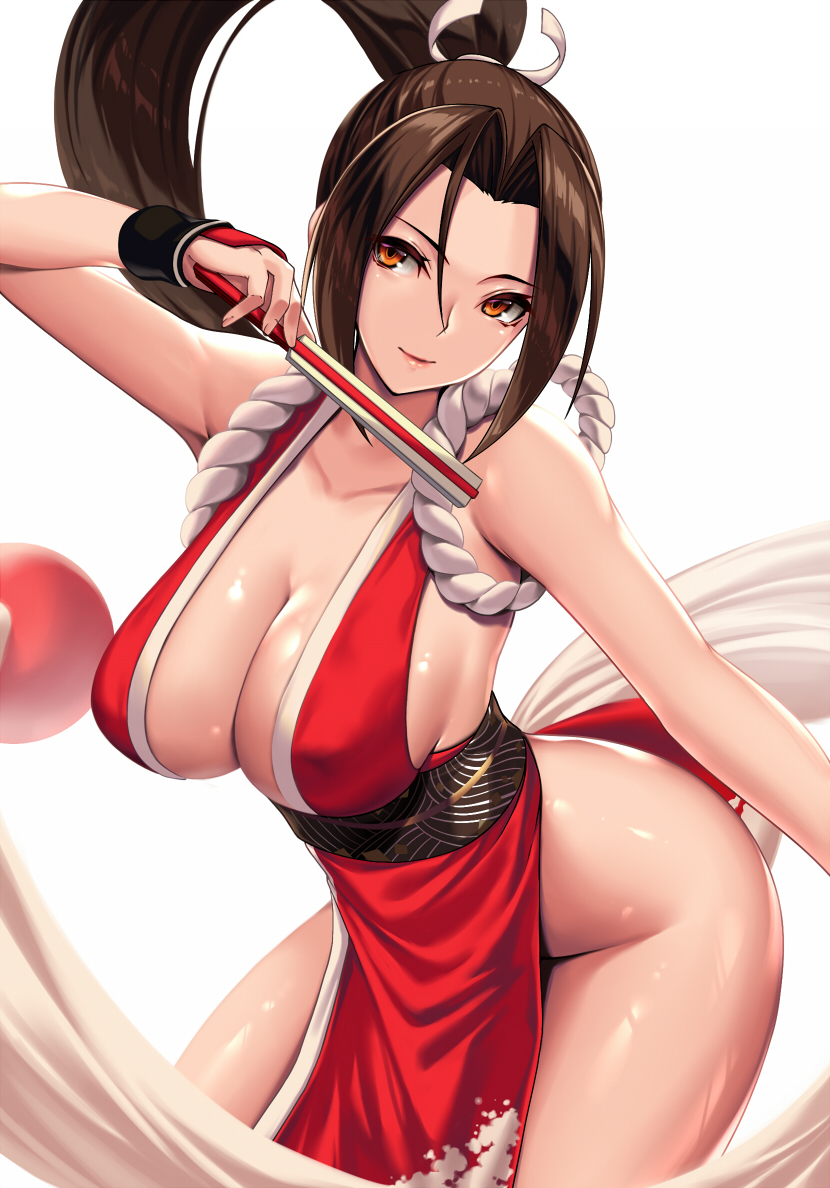1girl, arm_up, bare_hips, bare_shoulders, breasts, brown_hair, cleavage, closed_mouth