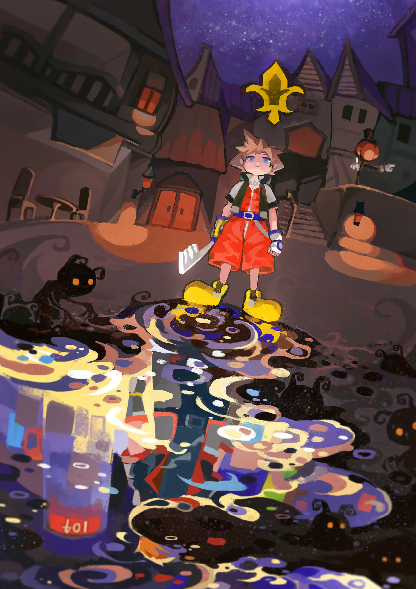 1boy, absurdres, artist_name, belt, blue_eyes, chair, door, fingerless_gloves, gloves, heartless, highres, jacket, keyblade, kingdom_hearts, lamppost, night, outdoors, red_shorts, shoes, short_sleeves, shorts, shuumatsu_(lulux_woodoo), sky, sora_(kingdom_hearts), spiked_hair, standing, subarashiki_kono_sekai, table, white_gloves, yellow_footwear