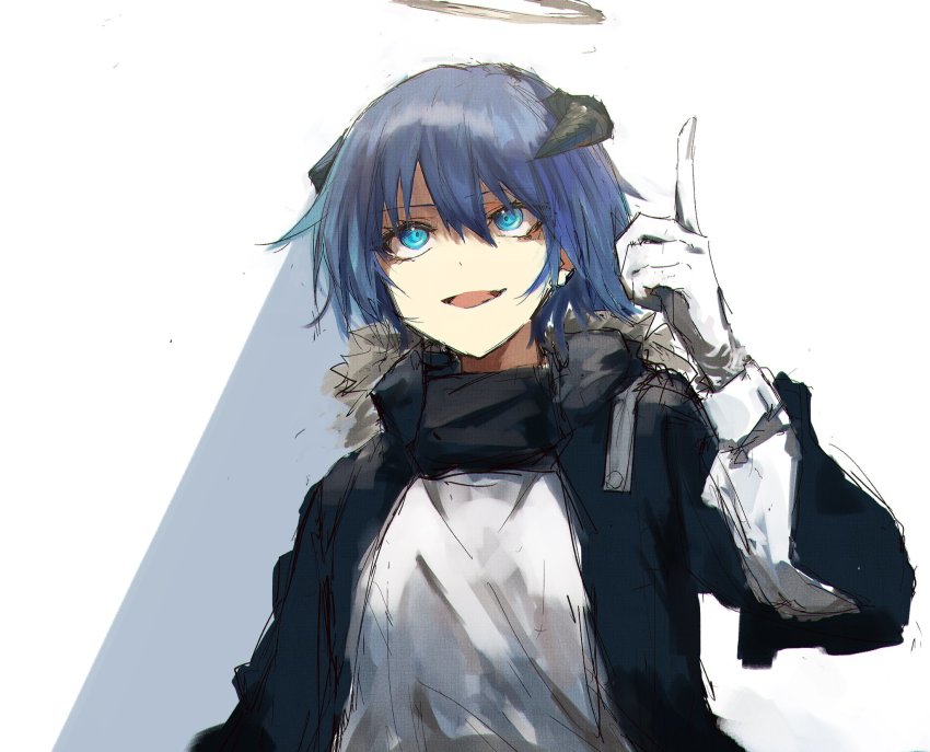 1girl, arknights, black_jacket, blue_eyes, blue_hair, commentary_request, demon_horns, fur-trimmed_hood