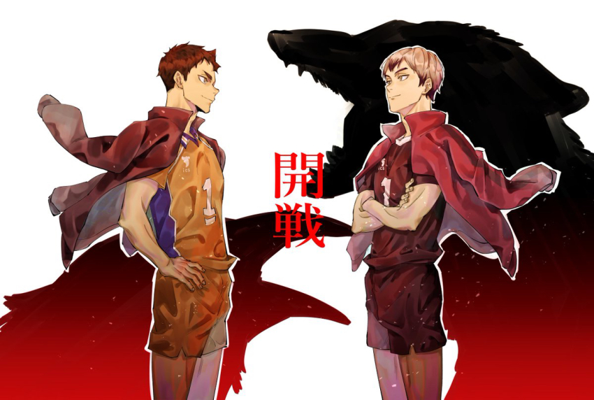 2boys, black_hair, crossed_arms, eye_contact, face-to-face, grey_hair, haikyuu!!, hand_on_own_hip