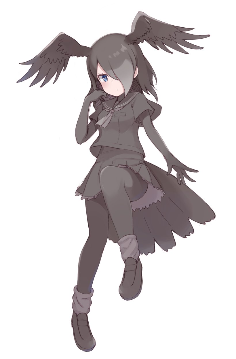 1girl, bird_girl, bird_tail, bird_wings, black_gloves, black_hair, black_neckerchief, black_pantyhose