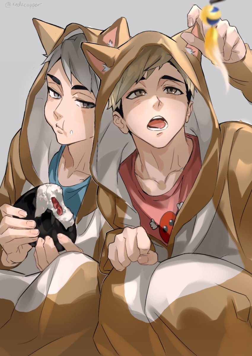 2boys, animal_costume, arm_up, bad_id, bad_twitter_id, blurry, blush, brothers