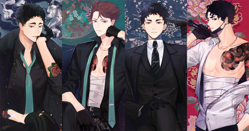 4boys, akaashi_keiji, bandages, biting, black_gloves, black_hair, black_shirt, brown_eyes