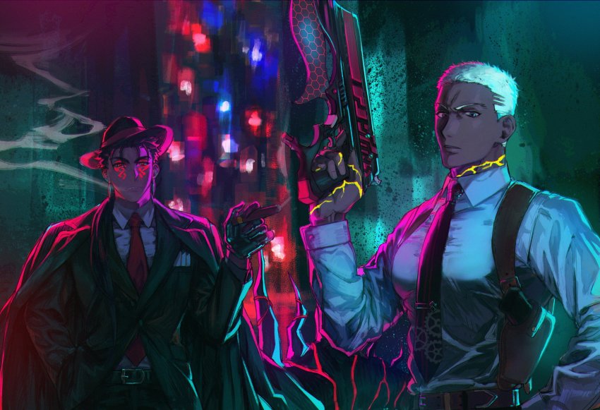 2boys, aksup, alternate_costume, angry, archer_(fate), bad_id, bad_twitter_id, black_gloves