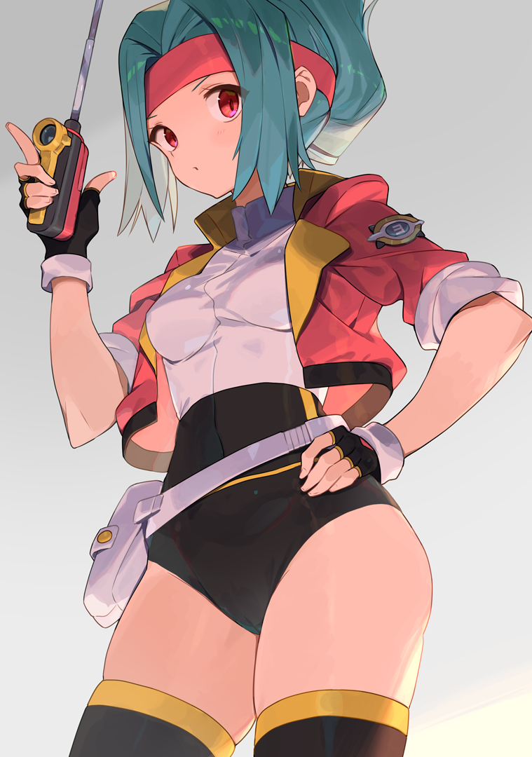 1girl, aqua_hair, belt, black_gloves, black_thighhighs, blush, breasts, covered_navel, cropped_jacket, fingerless_gloves, gloves, gradient_background, grey_background, hand_on_own_hip, headband, jacket, leotard, looking_at_viewer, multicolored_leotard, nintendo, open_clothes, open_jacket, parted_lips, pokemon, pokemon_ranger_(series), pokemon_ranger_1, red_eyes, red_jacket, short_hair, short_sleeves, small_breasts, solana_(pokemon), solo, spring2013, thighhighs, thighs, two-tone_leotard