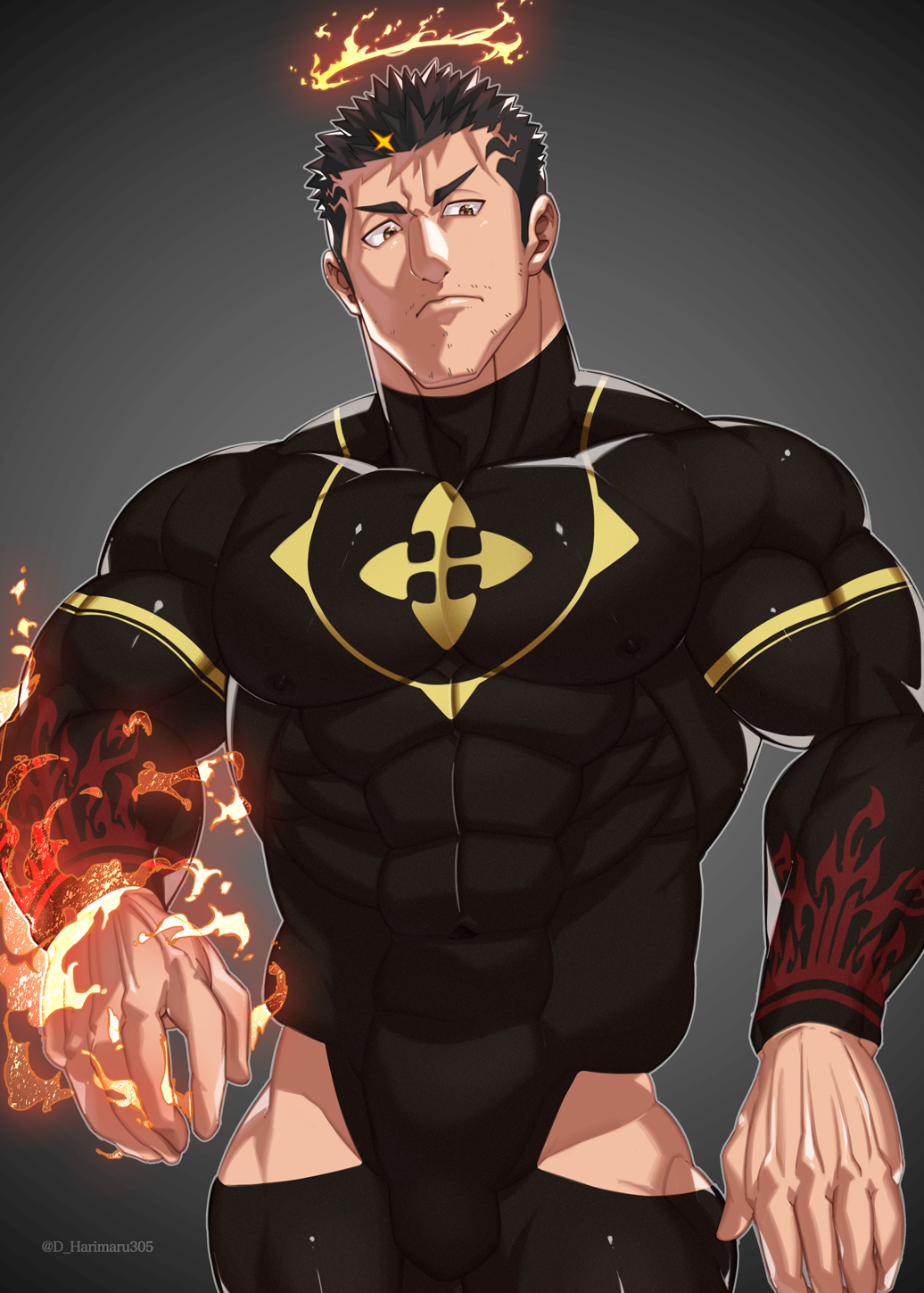 1boy, bara, black_bodysuit, black_hair, bodysuit, bulge, clothing_cutout, covered_abs