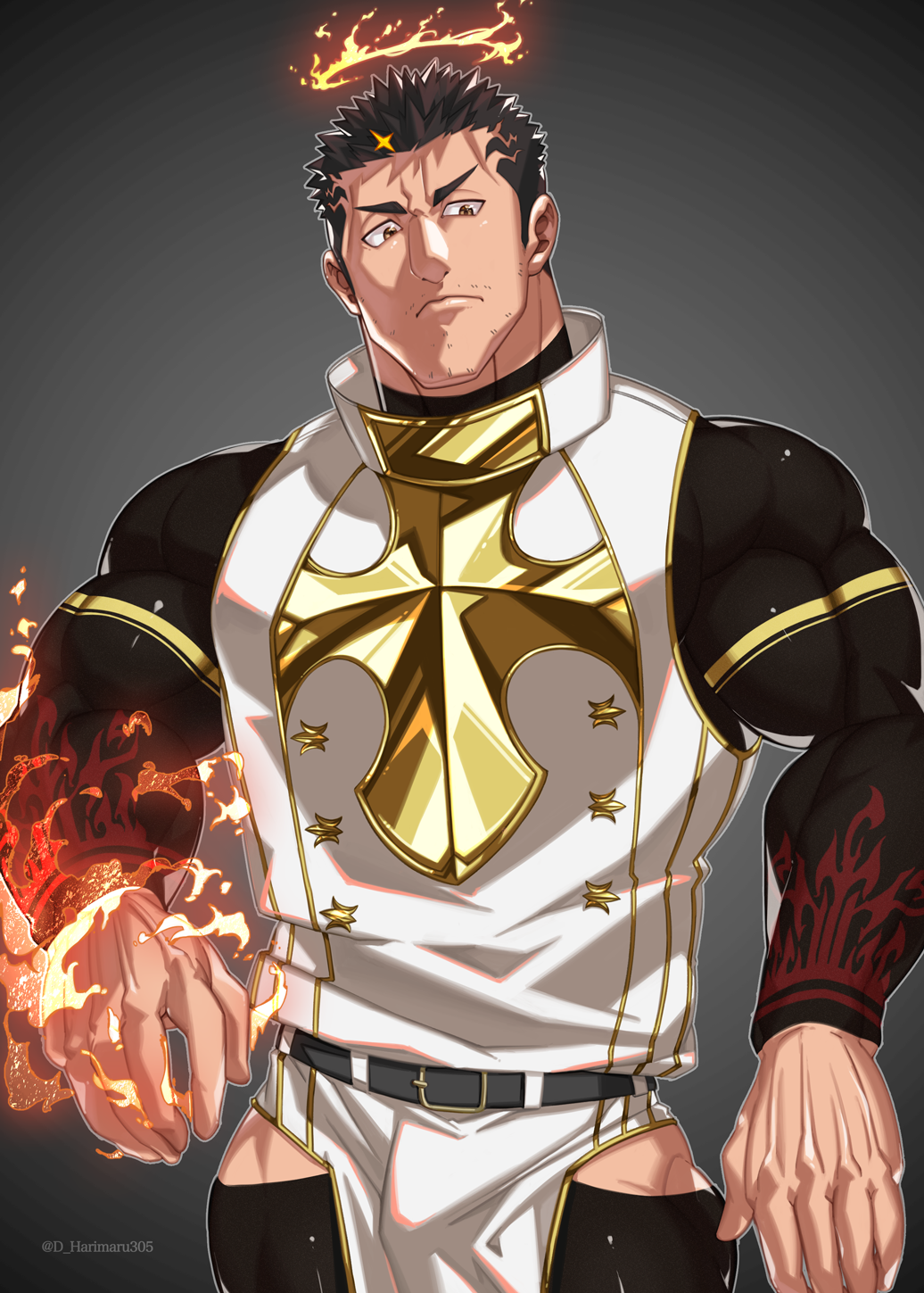 1boy, bara, black_bodysuit, black_hair, bodysuit, bulge, clothing_cutout, cowboy_shot