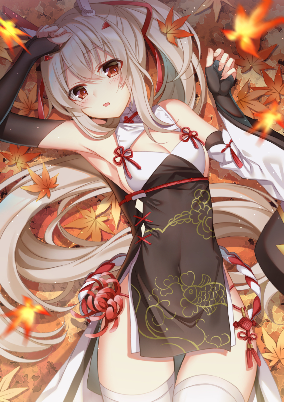 1girl, armpits, autumn_leaves, ayanami_(azur_lane), ayanami_(lunar_demon)_(azur_lane), azur_lane, black_gloves, blurry