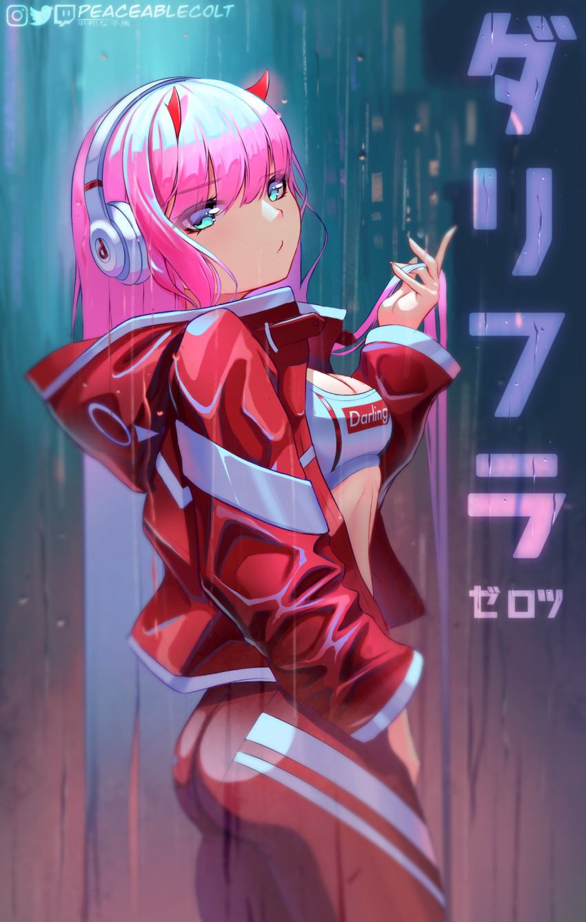 alternate_costume, ass, blue_eyes, darling_in_the_franxx, eyes_visible_through_hair, headphones, highres, horns, jacket, looking_at_viewer, open_clothes, open_jacket, peaceablecolt, pink_hair, rain, solo, sports_bra, zero_two_(darling_in_the_franxx)