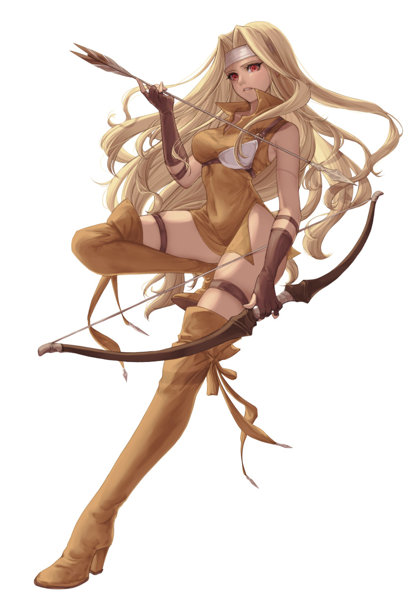 1girl, absurdres, armor, arrow_(projectile), blonde_hair, boots, bow_(weapon), breastplate, brigid_(fire_emblem), chaa_art, commission, commissioner_upload, corruption, dress, fingerless_gloves, fire_emblem, fire_emblem:_genealogy_of_the_holy_war, full_body, gloves, headband, highres, holding, holding_bow_(weapon), holding_weapon, lips, long_hair, looking_at_viewer, muneate, nintendo, parted_bangs, red_eyes, simple_background, skeb_commission, skin_tight, skindentation, solo, standing, standing_on_one_leg, thigh_boots, thigh_strap, thighhighs, weapon, white_background
