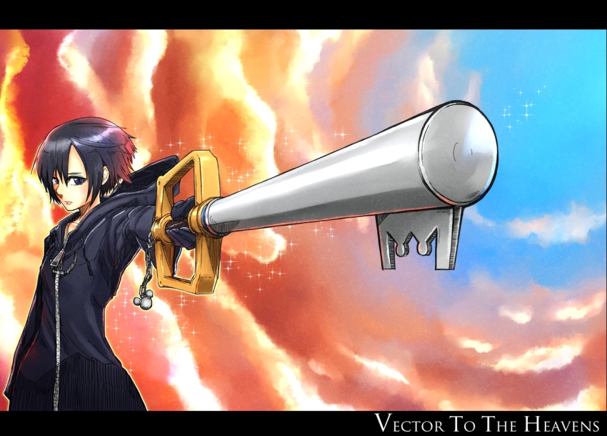 1girl, black_coat_(kingdom_hearts), black_hair, blue_eyes, cloak, closed_mouth, cloud, english_text