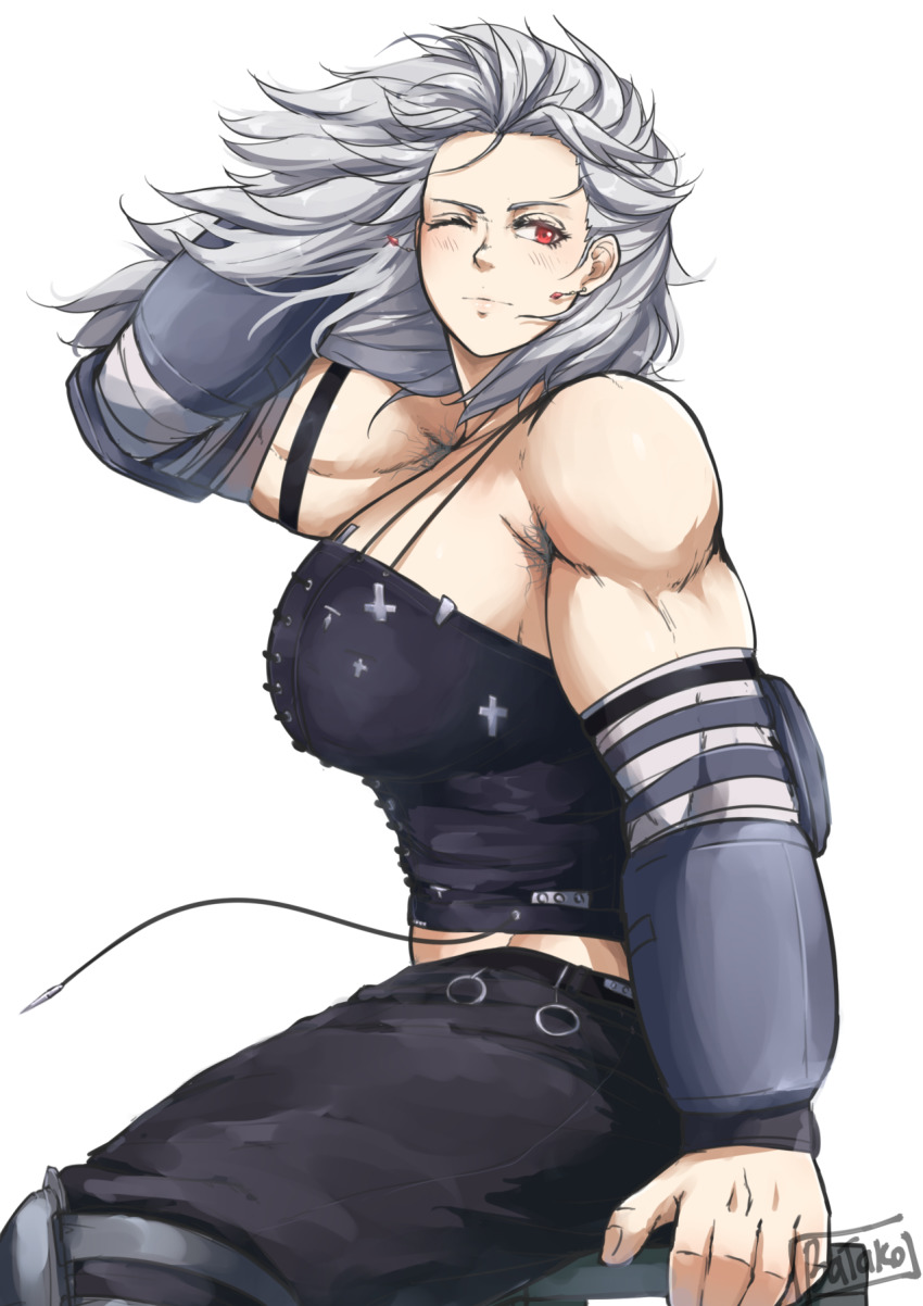 1girl, abs, armpit_hair, batako_(batakoart), breasts, corset, dorohedoro, earrings, highres, inverted_cross, inverted_cross_print, jewelry, large_breasts, long_hair, looking_at_viewer, mature_female, muscular, muscular_female, noi_(dorohedoro), one_eye_closed, red_eyes, simple_background, smile