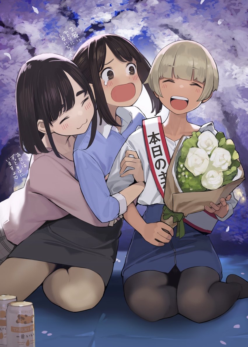 3girls, :3, ^_^, birthday_sash, blonde_hair, blouse, blue_shirt, blunt_bangs