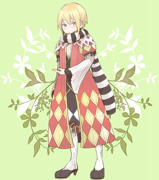 1boy, argyle_clothes, argyle_coat, black_scarf, black_shirt, blonde_hair, blue_eyes, closed_mouth