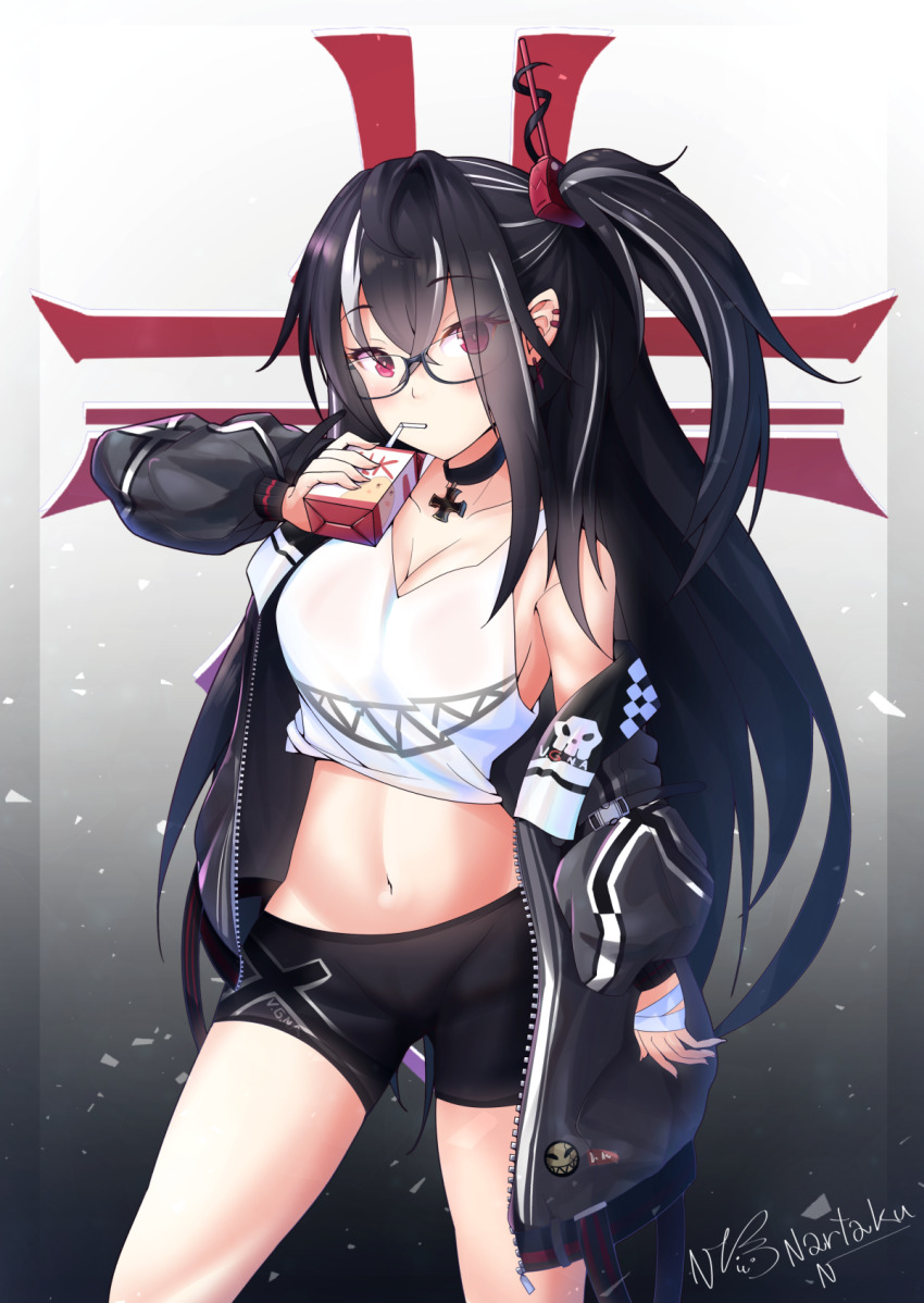 1girl, azur_lane, bike_shorts, black-framed_eyewear, black_hair, black_jacket, black_shorts, breasts