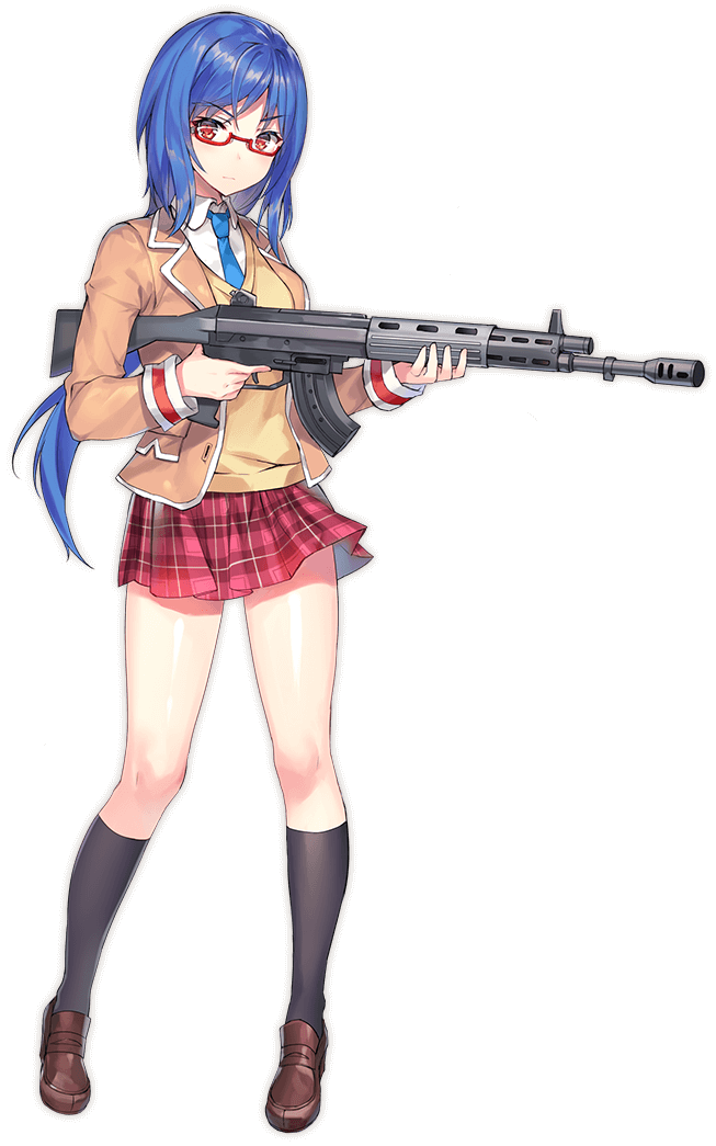 1girl, black_socks, blue_necktie, brown_shoes, bullet_girls, bullet_girls_phantasia, full_body, kamishiro_minagi, kneehighs, momoko_(momopoco), necktie, official_art, photoshop_(medium), plaid_clothes, plaid_skirt, shoes, skirt, socks, solo, transparent_background