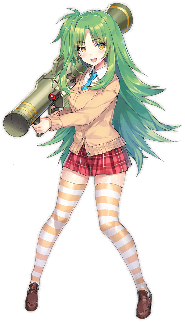 blue_necktie, brown_shoes, bullet_girls, bullet_girls_phantasia, cardigan, carl_gustaf_recoilless_rifle, collared_shirt, fang, green_hair, kishino_remi, loafers, long_hair, long_sleeves, miniskirt, mole, mole_under_eye, momoko_(momopoco), necktie, official_art, open_mouth, photoshop_(medium), plaid_clothes, plaid_skirt, red_skirt, rocket_launcher, shirt, shoes, skin_fang, skirt, solo, standing, striped_clothes, striped_thighhighs, thighhighs, transparent_background, weapon, yellow_eyes, zettai_ryouiki