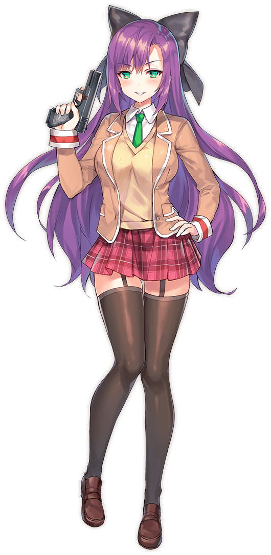 1girl, asymmetrical_bangs, black_thighhighs, blazer, blush, bow, brown_shoes, bullet_girls, bullet_girls_phantasia, cardigan_vest, doiuchi_mai, full_body, garter_straps, green_eyes, green_necktie, grin, gun, hair_bow, hand_on_own_hip, handgun, holding, holding_gun, holding_weapon, jacket, loafers, long_hair, long_sleeves, looking_at_viewer, miniskirt, momoko_(momopoco), necktie, official_art, open_clothes, open_jacket, photoshop_(medium), pistol, plaid_clothes, plaid_skirt, pleated_skirt, purple_hair, red_skirt, shoes, skirt, smile, solo, thighhighs, transparent_background, trigger_discipline, weapon, zettai_ryouiki