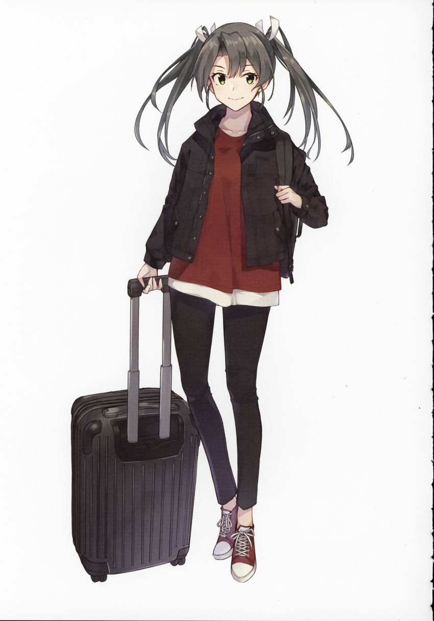 1girl, backpack, bag, black_jacket, black_pants, dark_green_hair, denim, full_body
