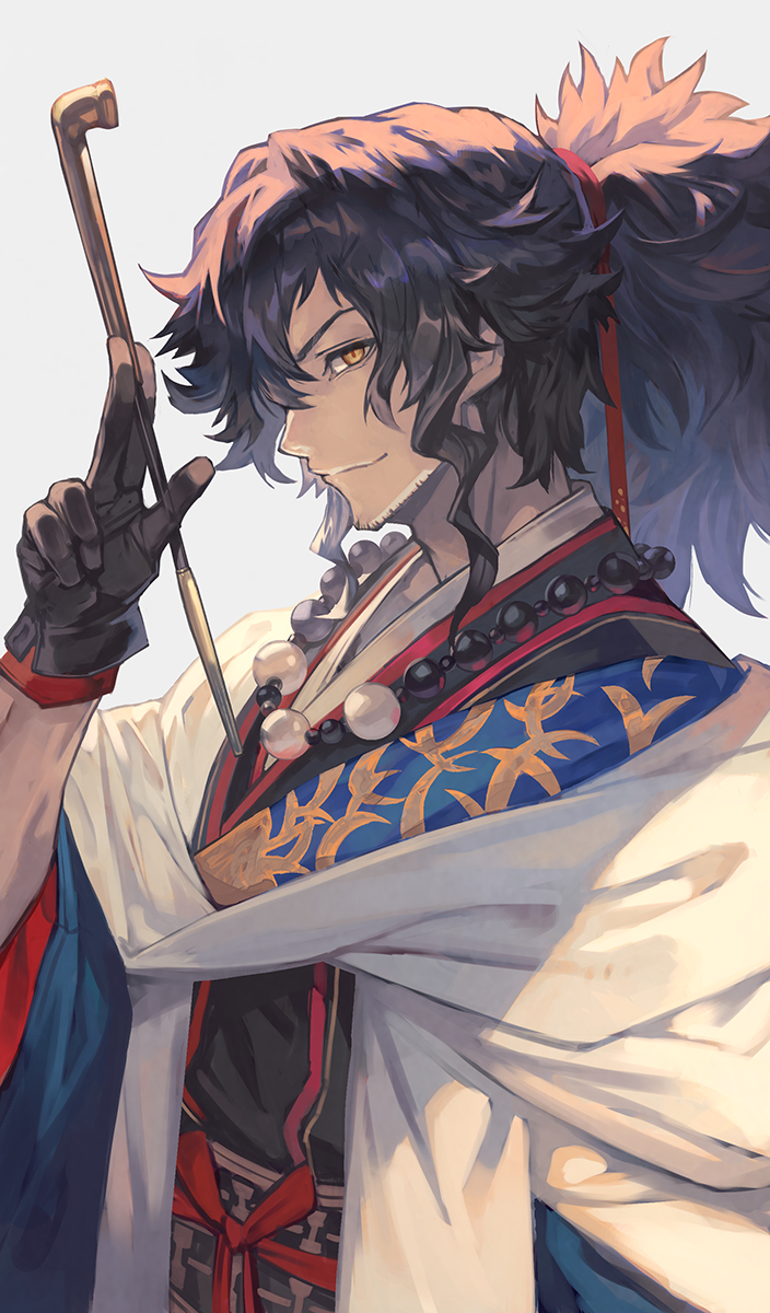 1boy, adam's_apple, bead_necklace, beads, between_fingers, black_gloves, black_hair, commentary_request, facial_hair, fate/grand_order, fate_(series), from_side, gloves, grey_background, heroic_spirit_festival_outfit, highres, holding, holding_smoking_pipe, japanese_clothes, jewelry, kiseru, lack, long_hair, male_focus, manly, necklace, okada_izou_(fate), okada_izou_(festival_outfit)_(fate), ponytail, sidelocks, simple_background, smile, smoking_pipe, solo, stubble, upper_body, yellow_eyes