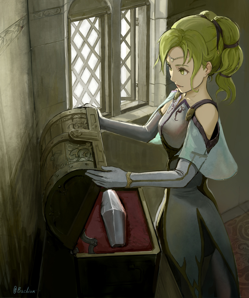 1girl, absurdres, bachium, bare_shoulders, cape, circlet, dress, elbow_gloves