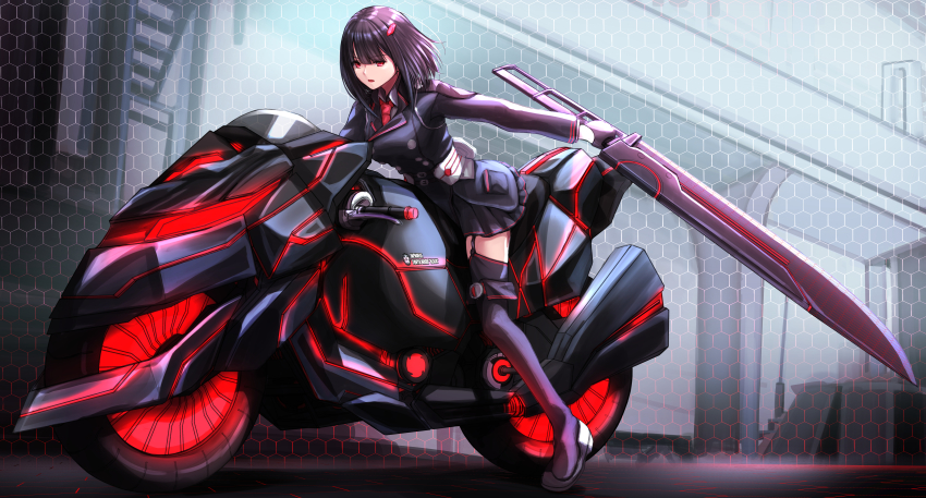 1girl, absurdres, growthdoll, highres, motor_vehicle, motorcycle, original, sword