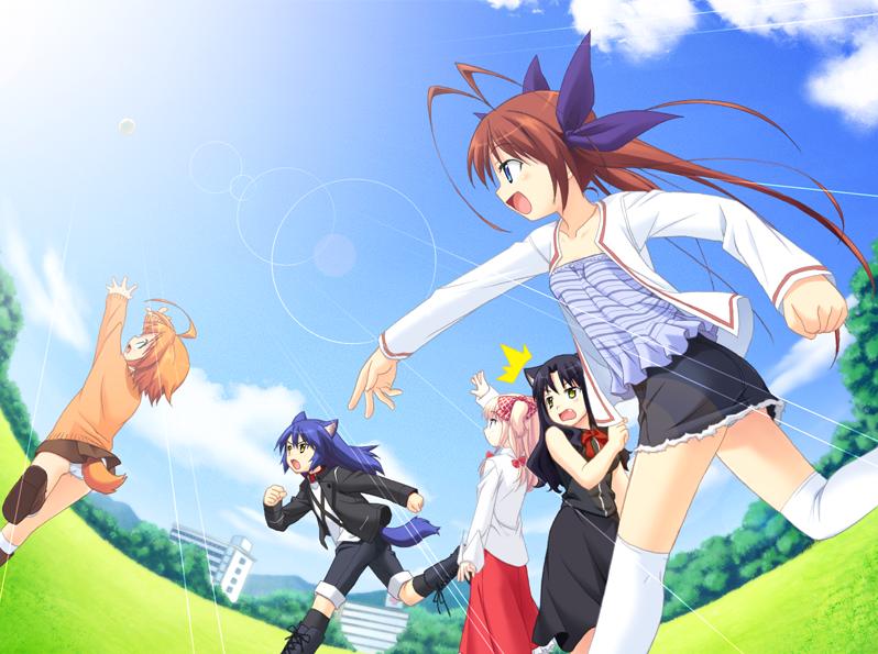 5girls, ahoge, animal_ears, antenna_hair, arms_up, bare_shoulders, blue_eyes, blue_hair