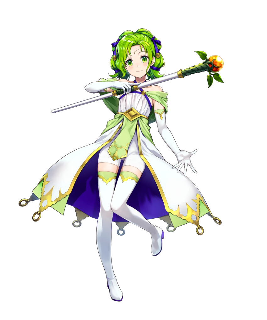 1girl, aged_down, amagai_tarou, bare_shoulders, blush, boots, closed_mouth, criss-cross_halter, dress, elbow_gloves, female_focus, fire_emblem, fire_emblem:_the_sacred_stones, fire_emblem_heroes, full_body, gloves, green_eyes, green_hair, hair_ornament, halterneck, highres, holding, holding_staff, jewelry, l'arachel_(fire_emblem), l'arachel_(seeker_of_justice)_(fire_emblem), leg_up, long_hair, looking_at_viewer, matching_hair/eyes, nintendo, official_art, sleeveless, smile, solo, staff, standing, thigh_boots, thighhighs, transparent_background, white_boots, white_gloves